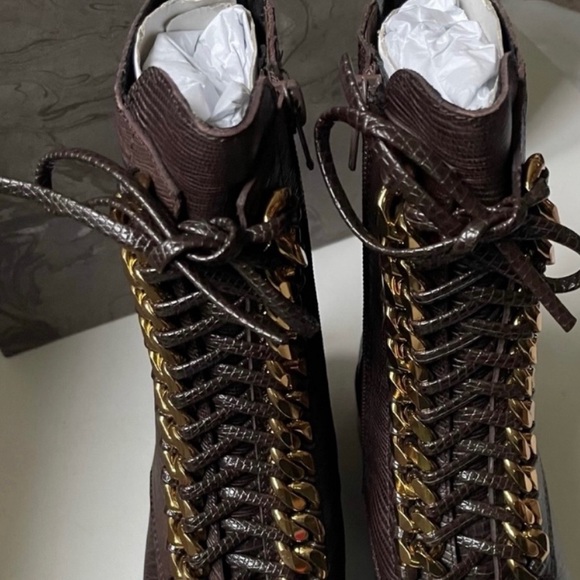 JEFFREY CAMPBELL Size 7 Damon Snakeskin Embossed Brown Lizard Gold Combat Boot - Picture 10 of 12